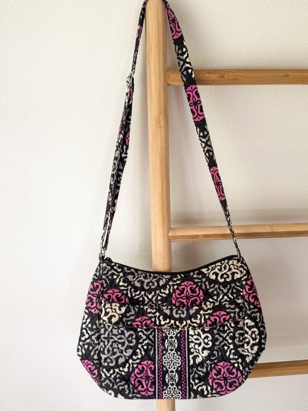 Vera Bradley Quilted Shoulder Bag Pink Black Floral Cotton Purse